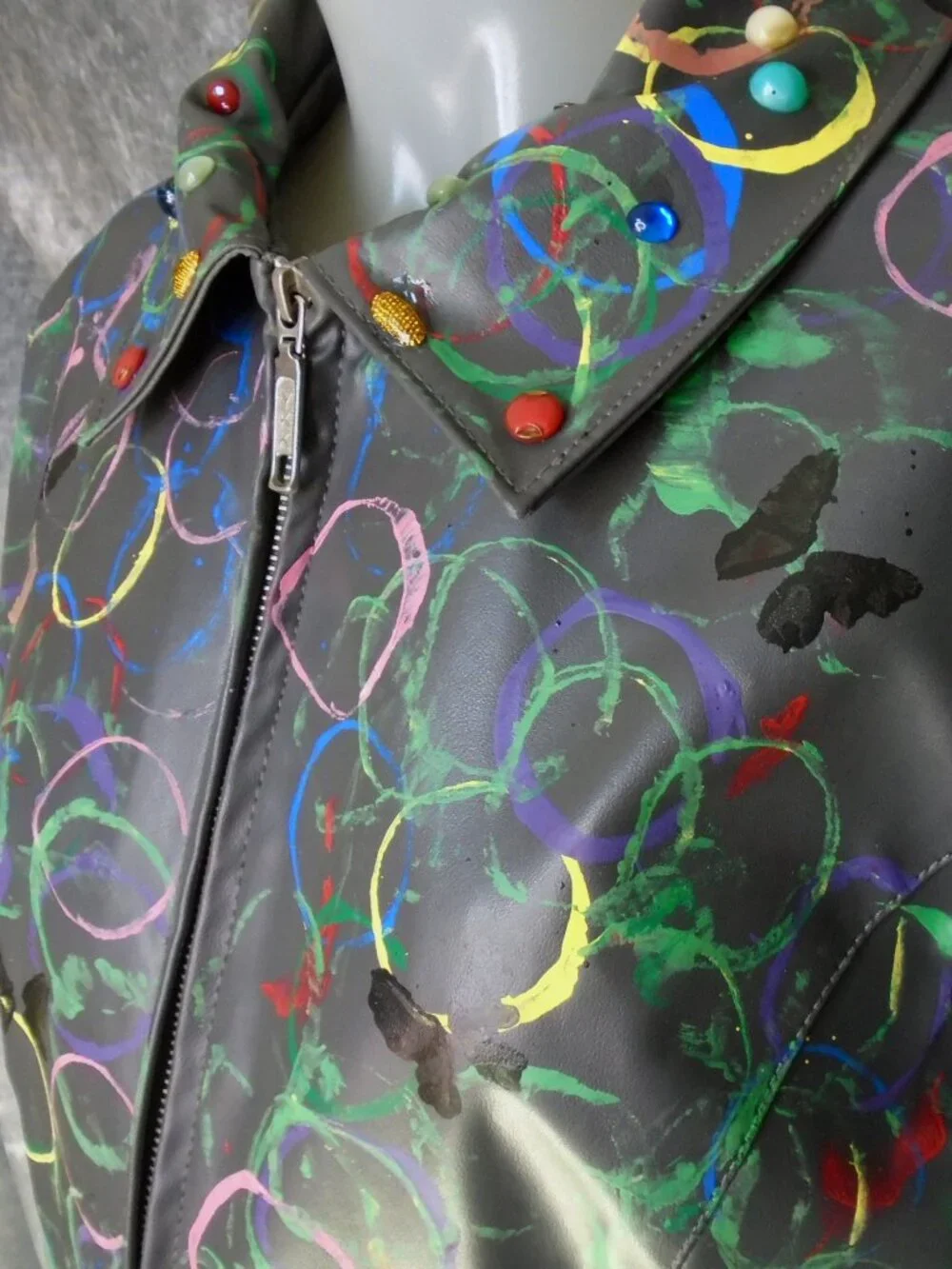 Vegan Leather Jacket with Eclectic Multicolor  Art Hobo Chic Edgy OOAK Unique - Picture 8 of 13